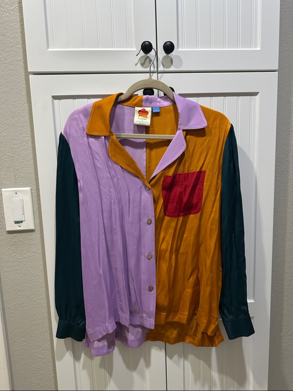 Anthropologie x Farm Rio Lavender, Teal, and Orange Colorblock Button-Up